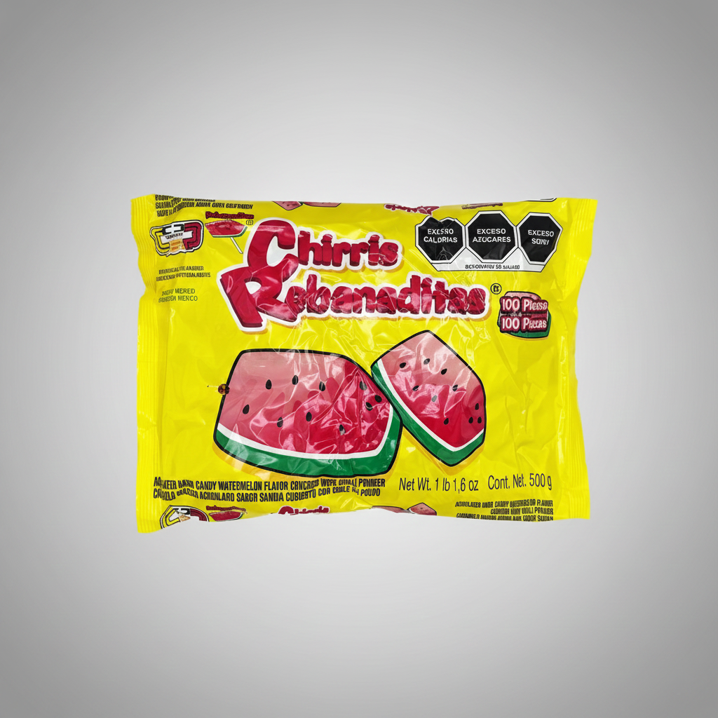 Yellow package of Chirris Rebanaditas with watermelon flavor on a gray background